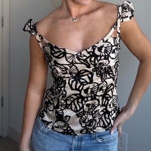 Vintage Y2K Tracy Reese Allover Print Romantic 100% Silk Cap Sleeve Top Size 2